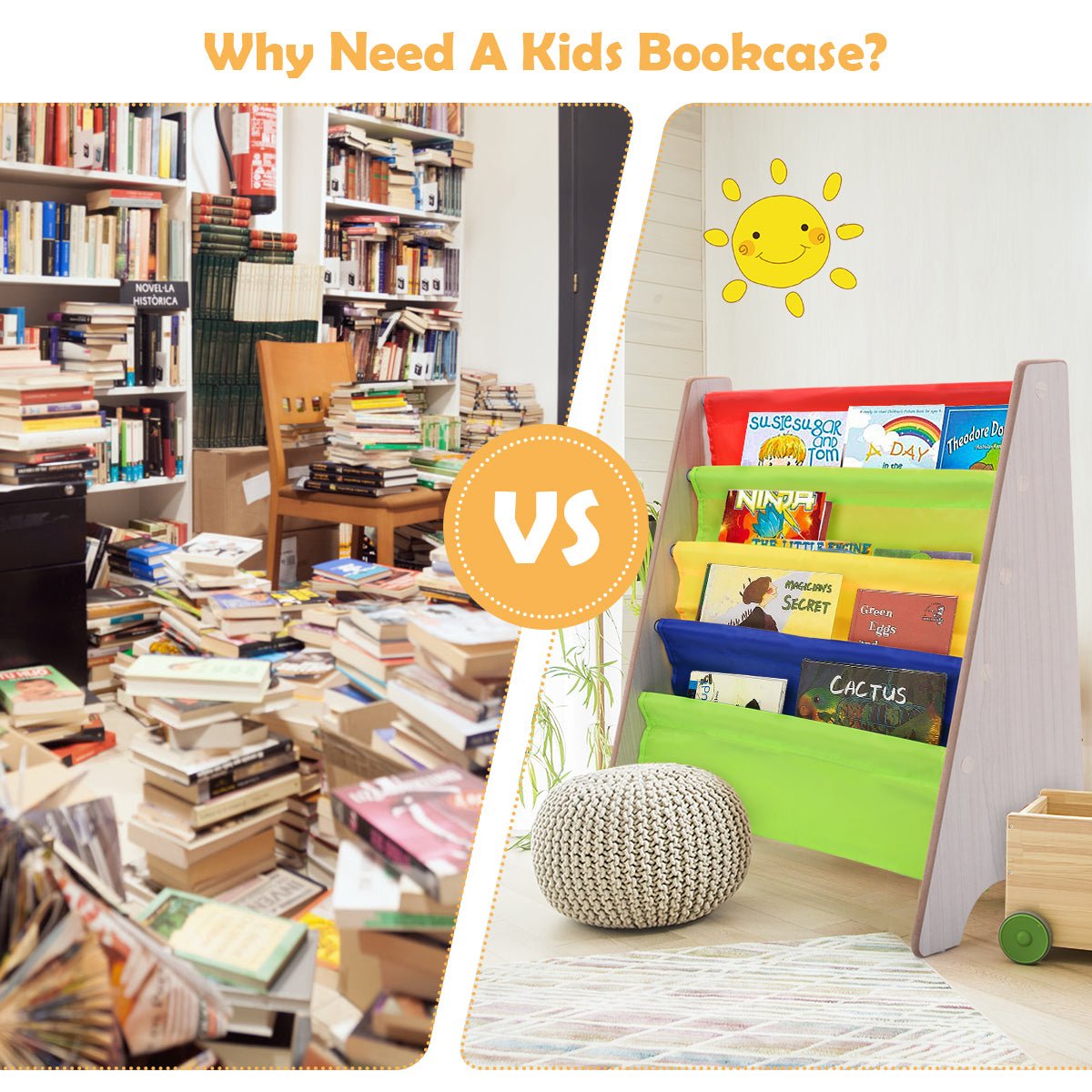Kids Book Organizer - Storage Shelf with 4 Compartments for Books