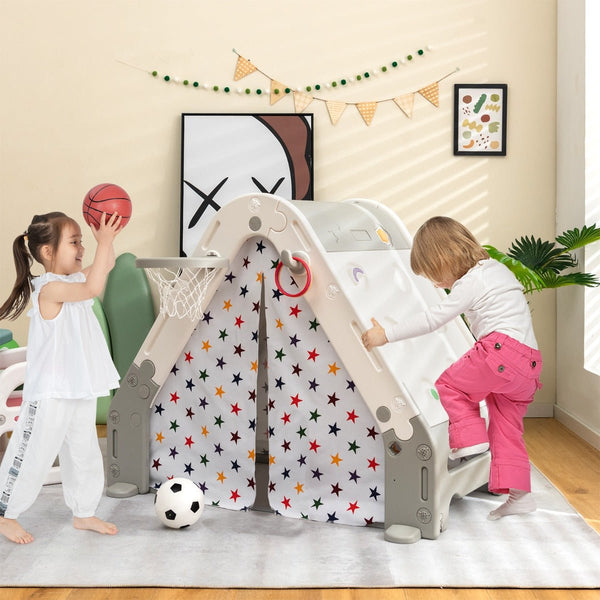 Playful Triangle Climber with Tent, White Board, Basketball Hoop & Soccer Gate