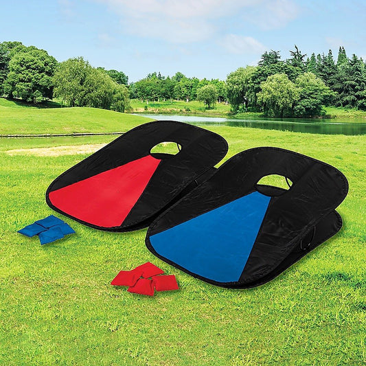 Child-friendly bean bag toss game with carry case for portable outdoor fun and easy storage.