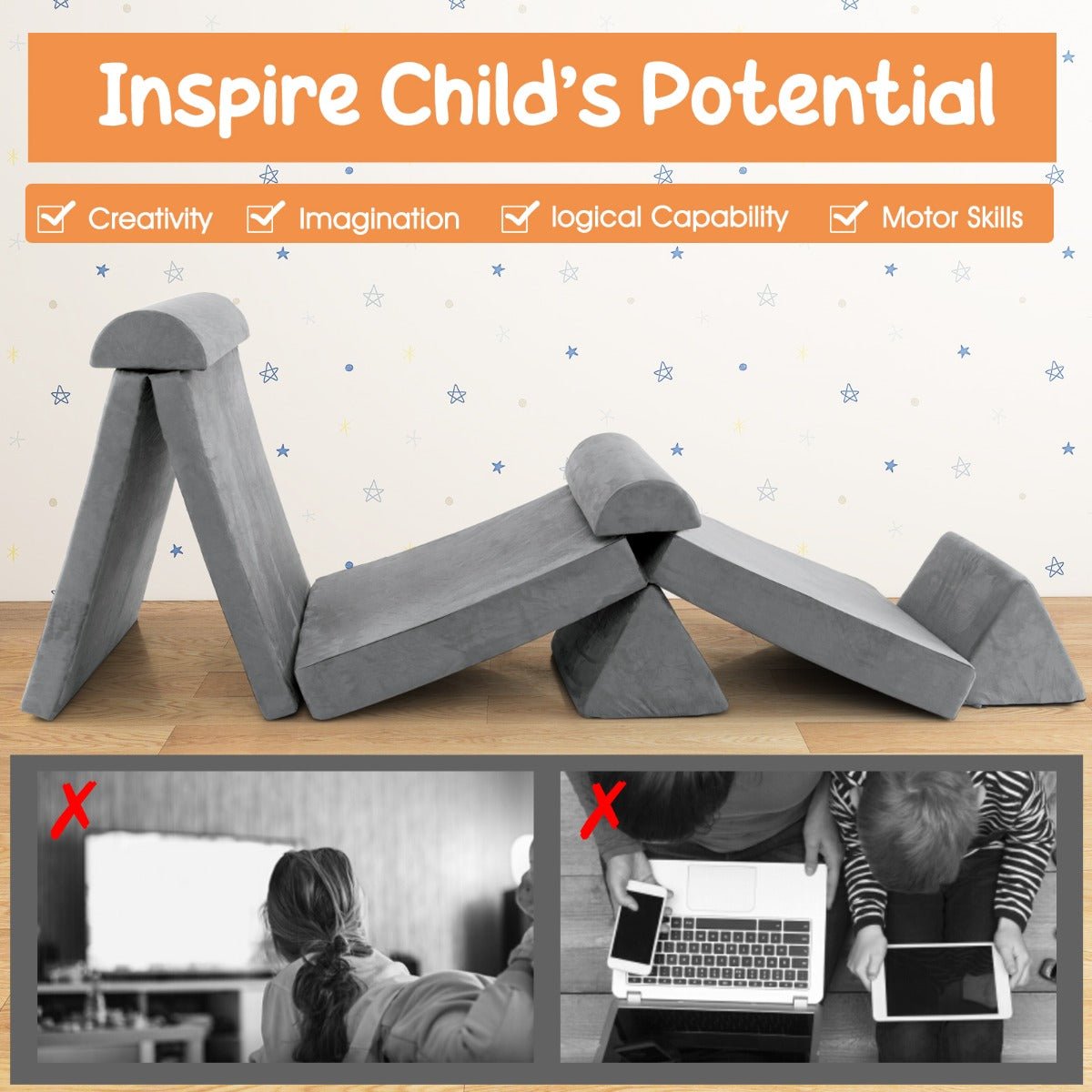 Kids modular play sofa set in grey with 8 pieces and convertible design for versatile playtime. Kids modular play sofa set in grey with 8 pieces and convertible design for versatile playtime.