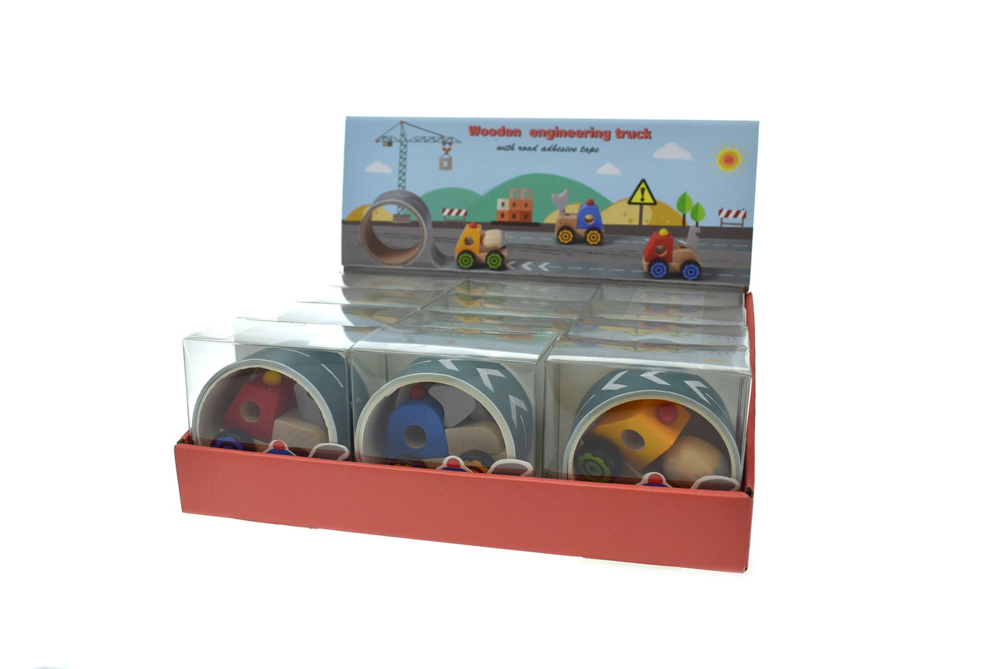 Kids construction truck toy with road tape display, promoting imaginative play at home.