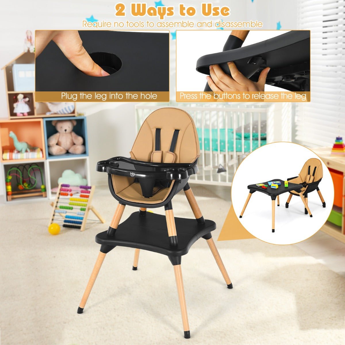 Coffee 5-in-1 High Chair - Convertible Wooden Seating for Toddlers