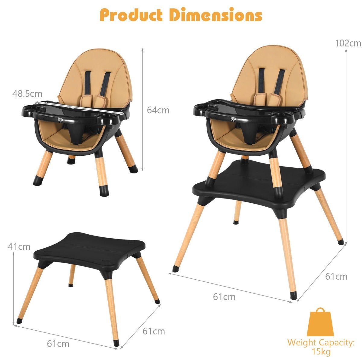 Versatile Wooden High Chair - 5-in-1 Convertible Design, Coffee