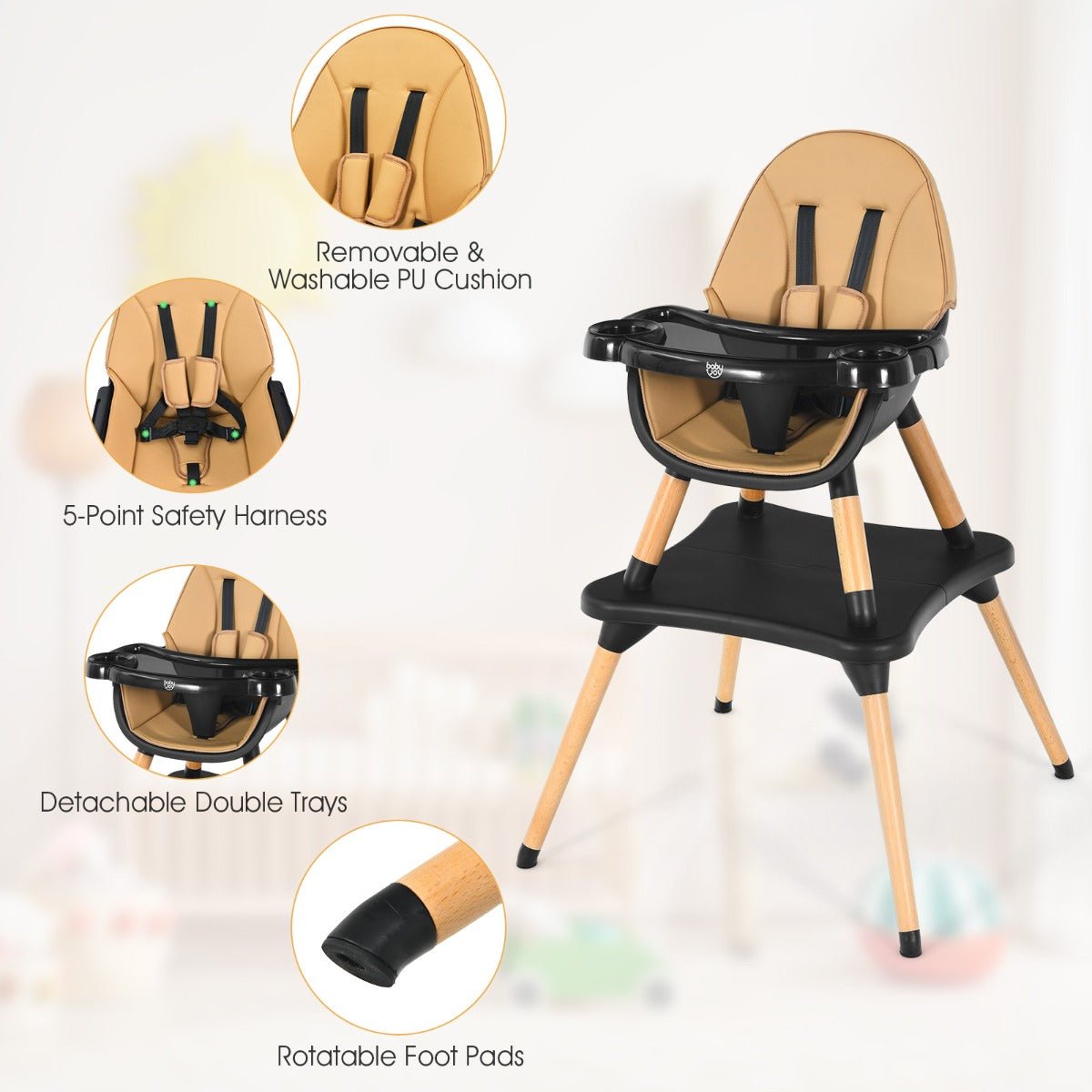 Coffee Wood High Chair - 5-in-1 Convertible Toddler Seating Solution