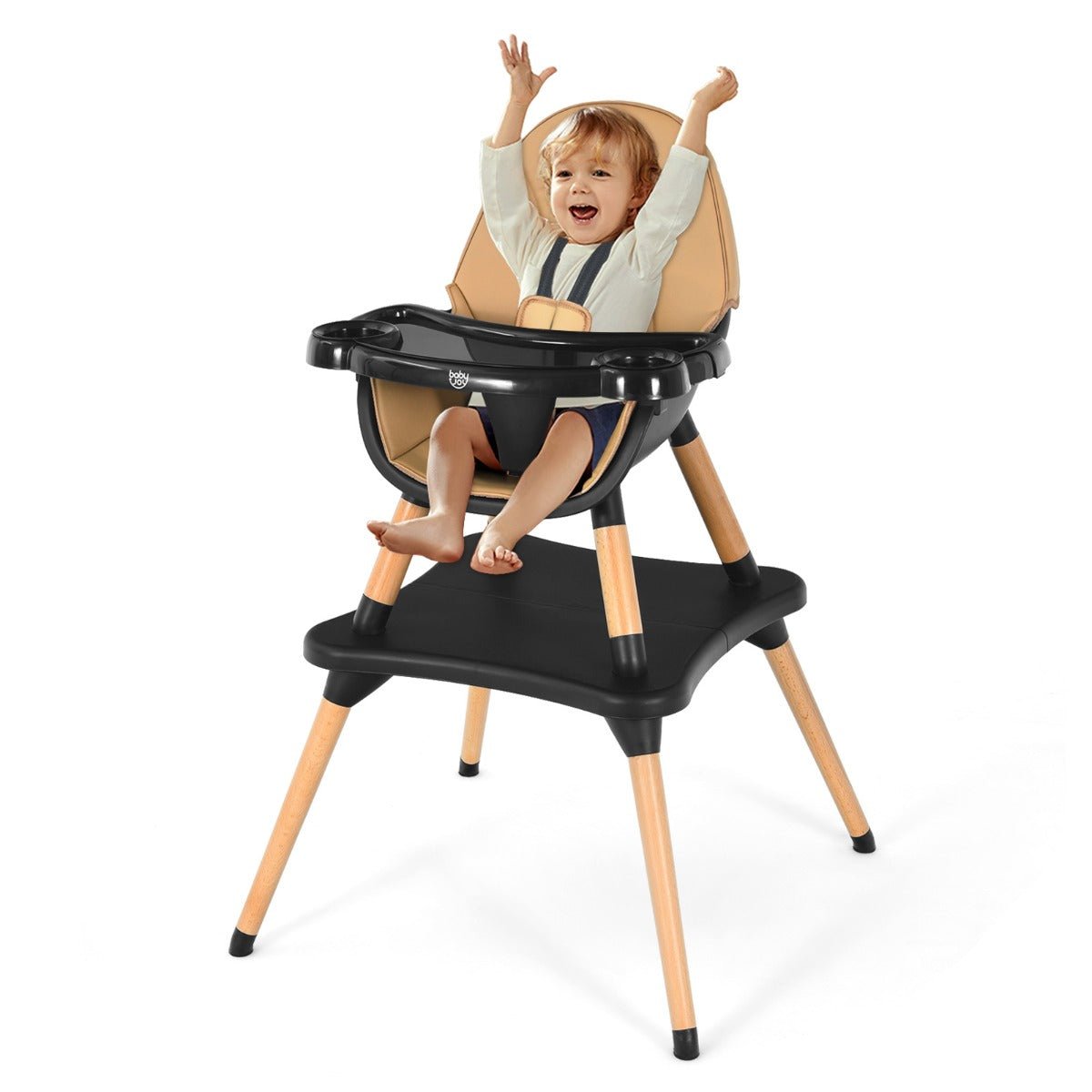 Coffee Toddler High Chair - 5-in-1 Convertible Wooden Seating