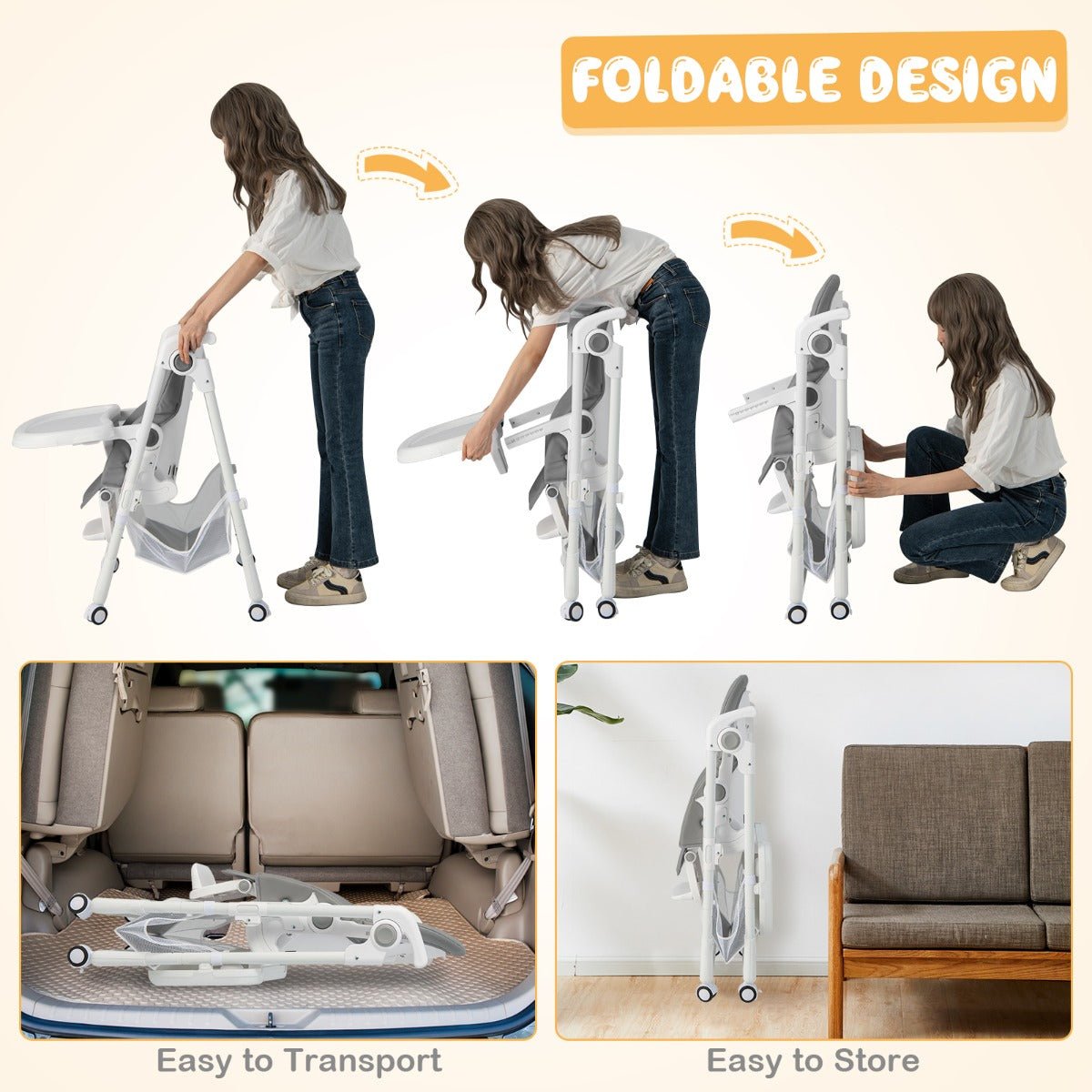 Foldable Convertible Infant High Chair with 7 Height Grey Foldable Convertible Infant High Chair with 7 Height Grey