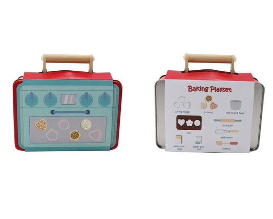Cookie baking playset in portable tin case for kids interactive home fun.