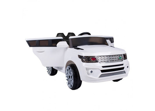 Coopa white electric ride-on car for kids, featuring realistic design, perfect for indoor play.