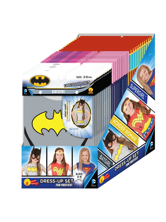 DC Comics Girls Superhero Costume Set with Batgirl, Supergirl, and Wonder Woman for dress-up.