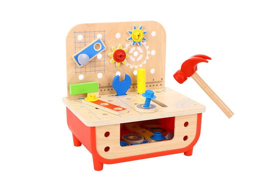Childrens deluxe work bench for imaginative play and learning with realistic tools and accessories.