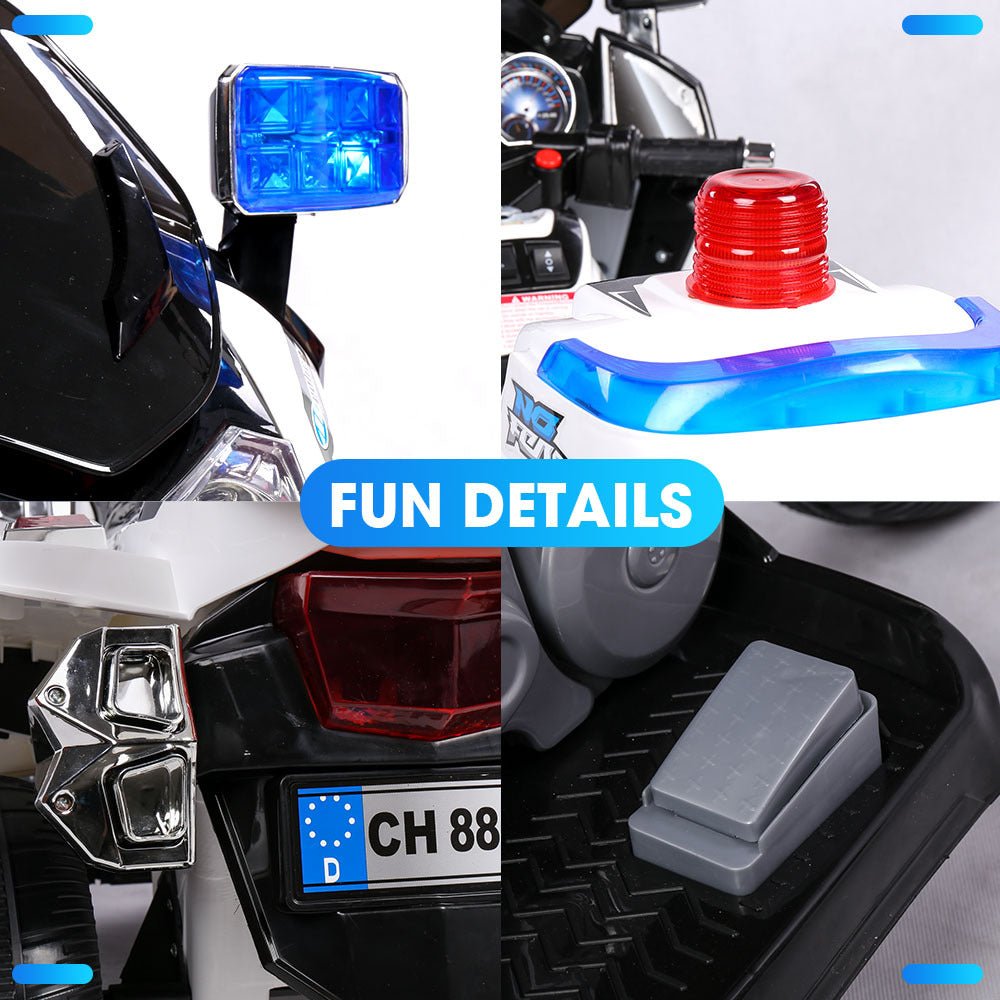 Kids police-themed electric ride-on motorbike toy for imaginative role play at home. Kids police-themed electric ride-on motorbike toy for imaginative role play at home.