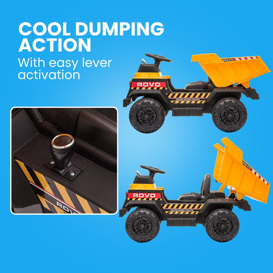 Yellow electric dump truck toy with Bluetooth music for kids fun and entertainment at home.