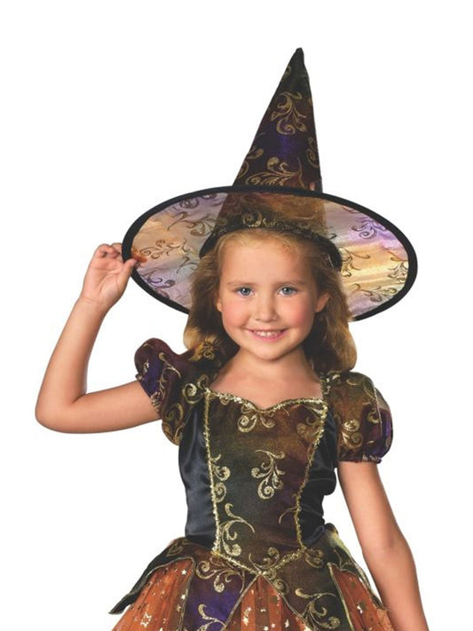 Girls sparkly witch costume with hat for playful dress-up at home or parties.