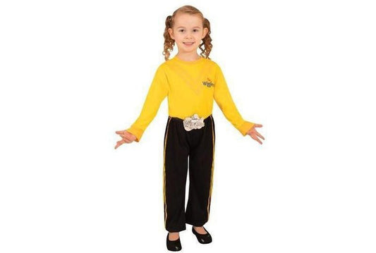 Emma Wiggle kids costume with signature yellow pants, perfect for imaginative dress-up play.