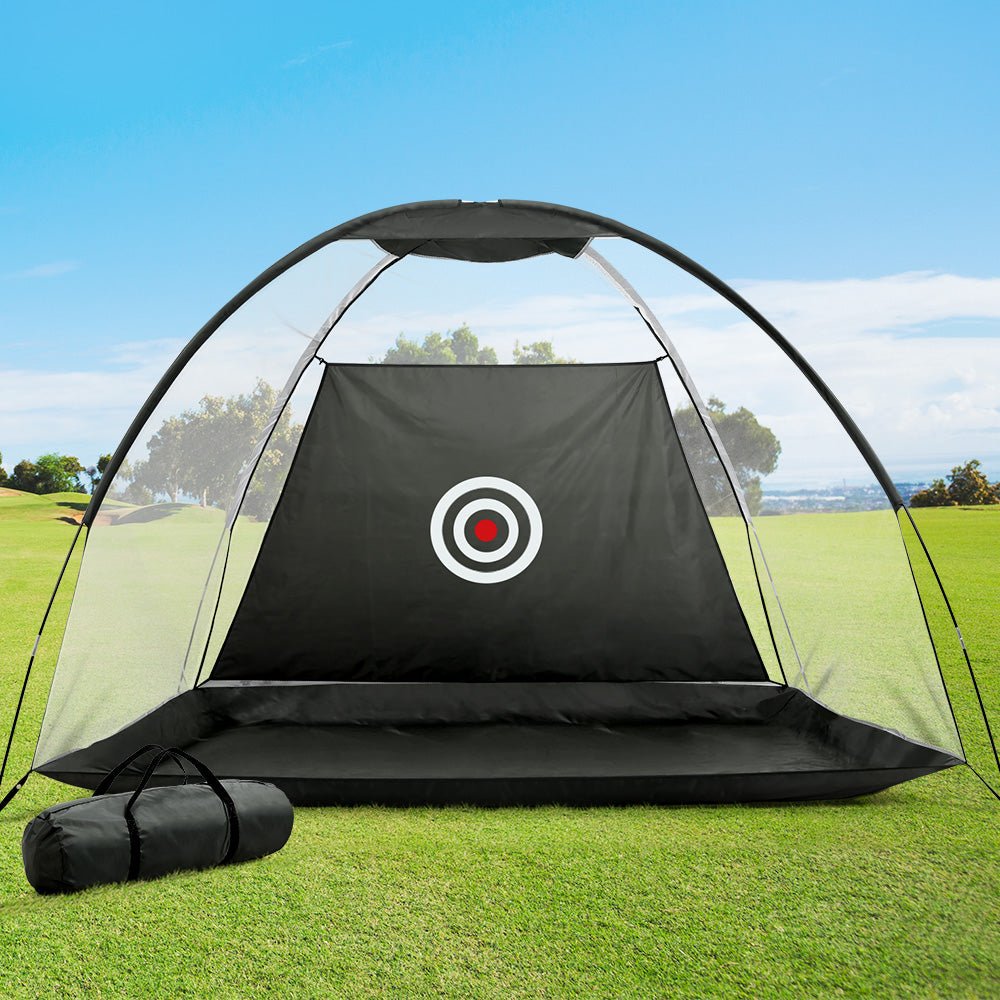 Portable golf practice net tent for kids home training, ideal for soccer drills too. Portable golf practice net tent for kids home training, ideal for soccer drills too.