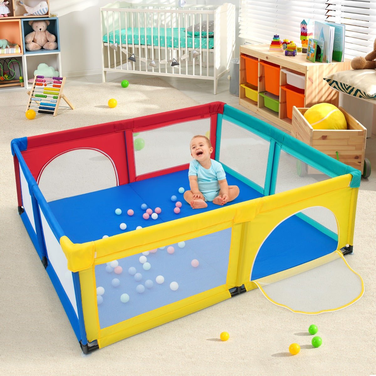 Multicolour Extra Large Baby Playpen with Safety Gates & Mesh Walls