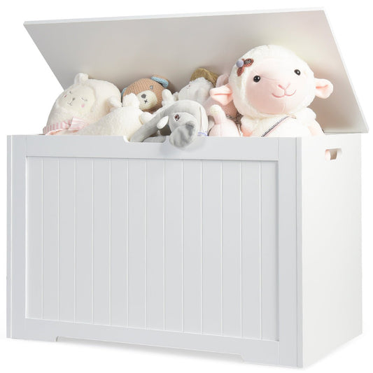 Kid-safe wooden storage chest with flip-top lid for toy organization and child safety.