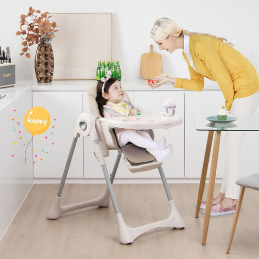Get Foldable Baby High Chair with Adjustable Height & Removable Tray - Beige