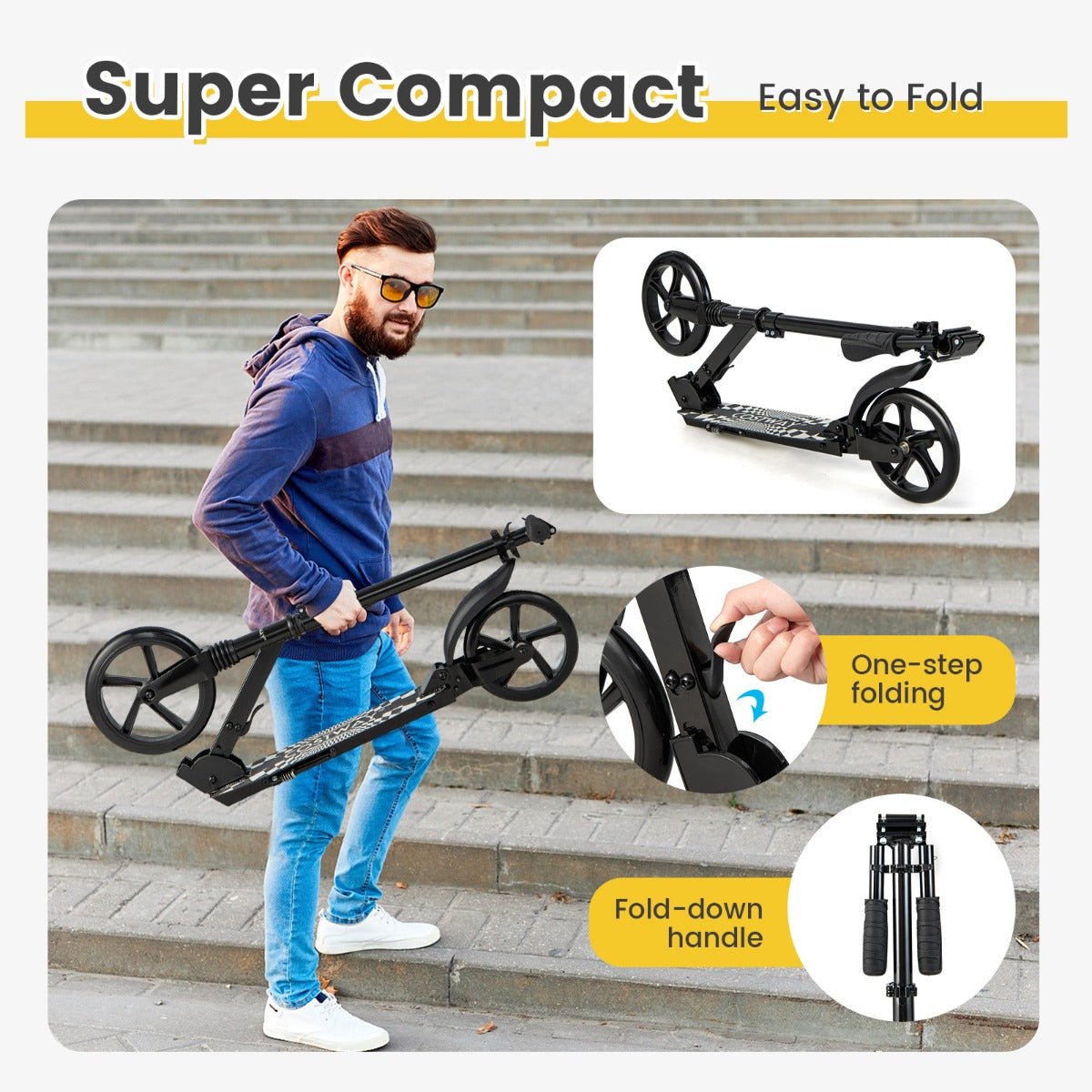 Foldable Kids Scooter: Adjustable Height, LED Light, Easy to Carry (Black)