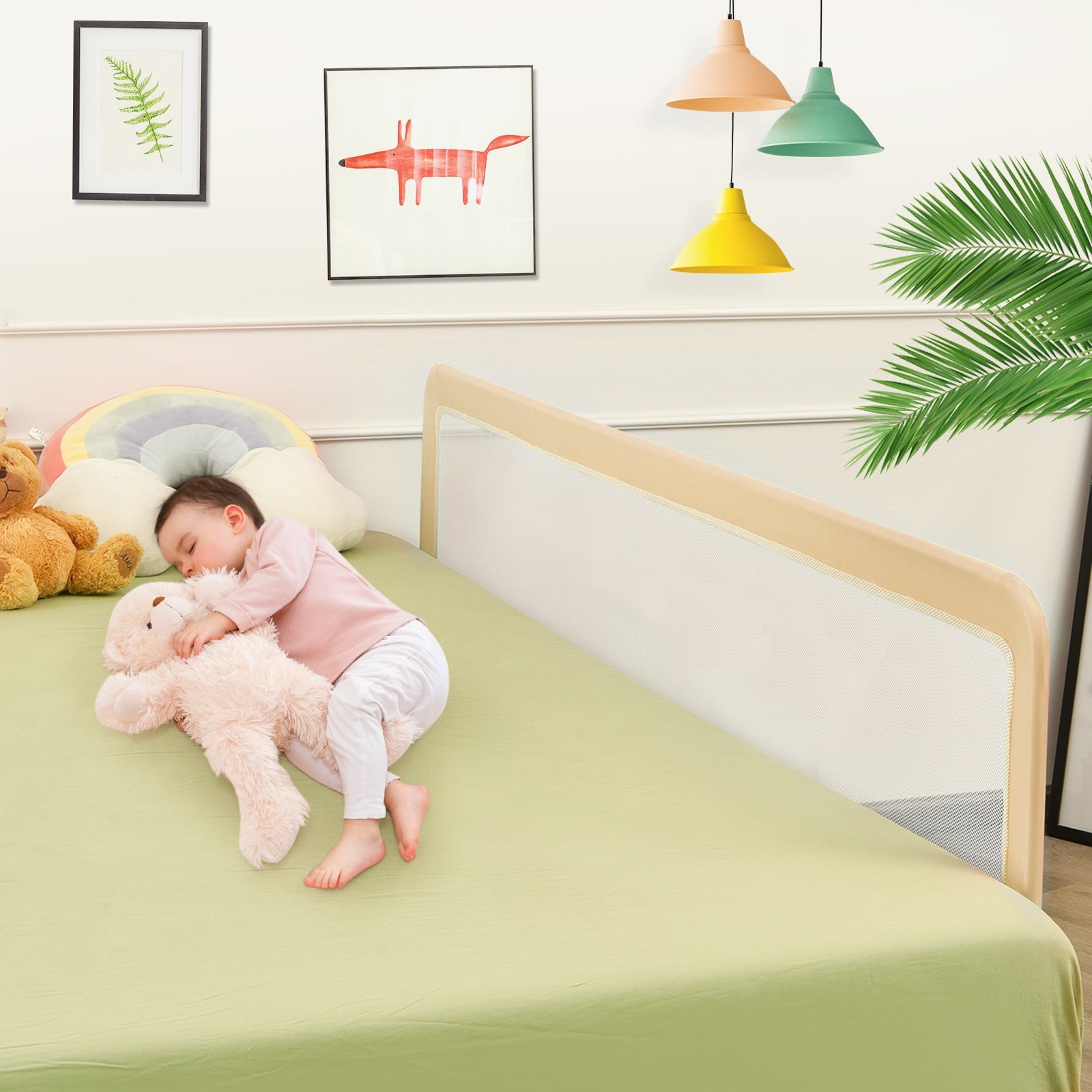 Foldable Beige Bed Rail for Toddlers - Mesh, Enhanced Safety Straps