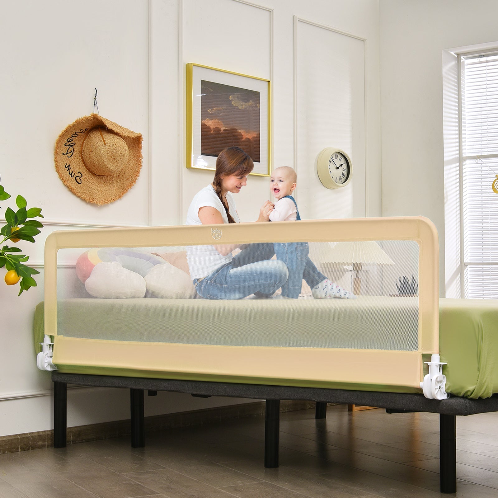 Beige Toddler Bed Rail with Safety Straps - Foldable Mesh, Supportive