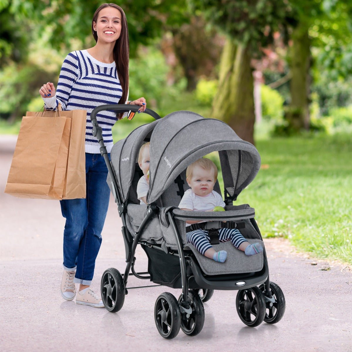 Foldable Grey Double Baby Stroller - Shop Now