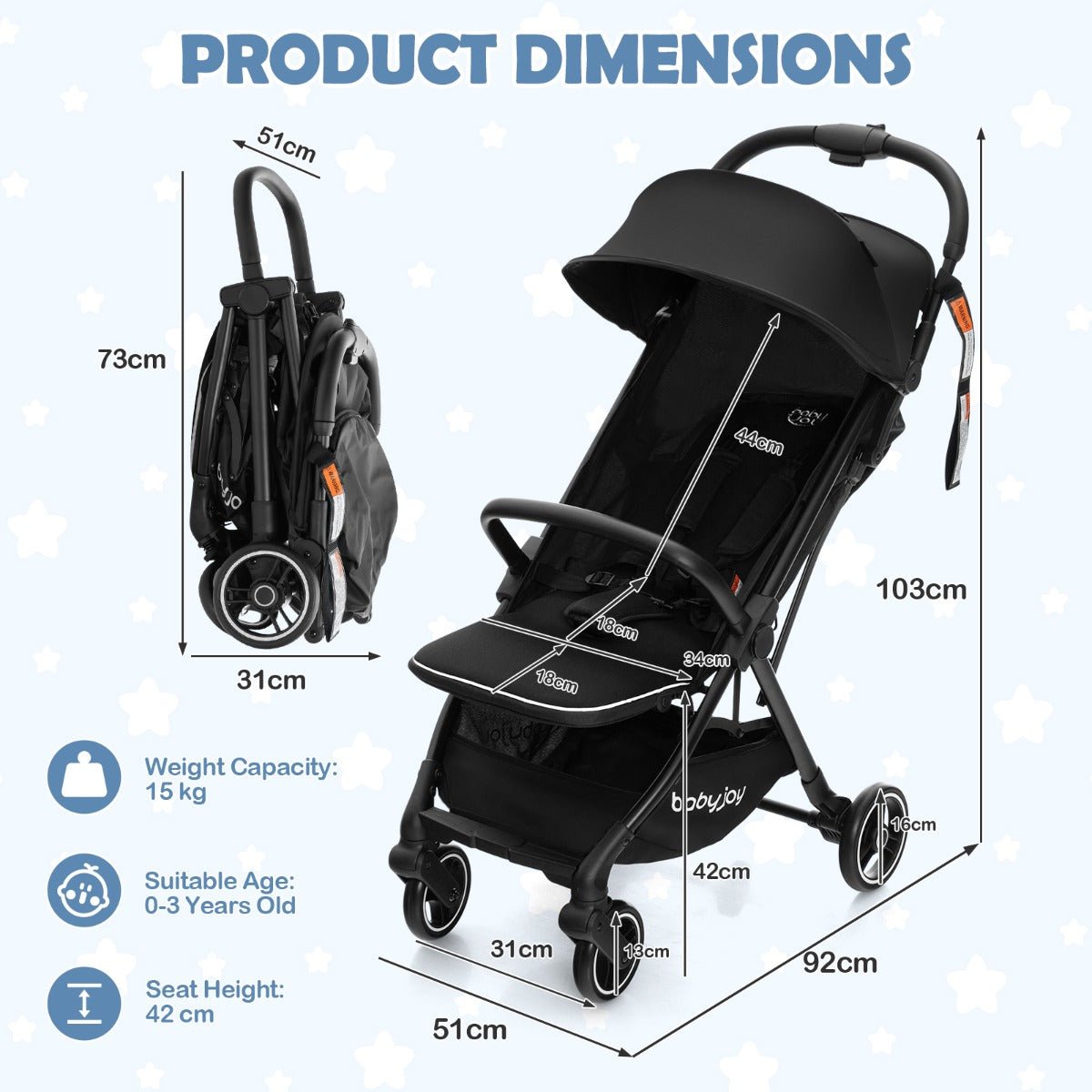Explore with Ease: Black Folding Baby Stroller