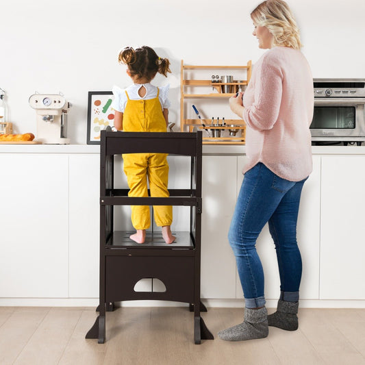 Kids kitchen helper tower, adjustable wood step stool for safe, fun cooking activities.