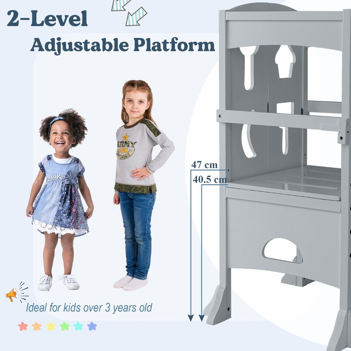 Grey Pine Wood Kids Kitchen Step Stool with Toys | Adjustable height, perfect for young chefs.