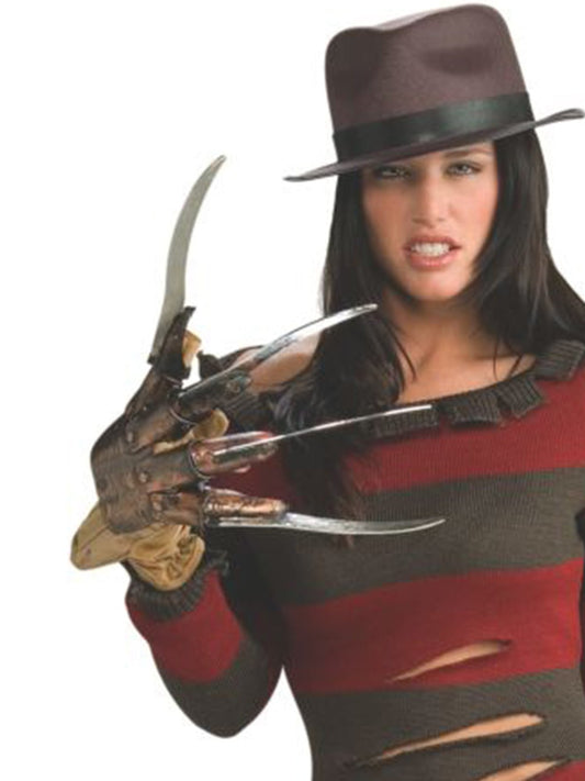 Freddy Krueger adult costume with iconic glove and hat for spooky Halloween dress-up.