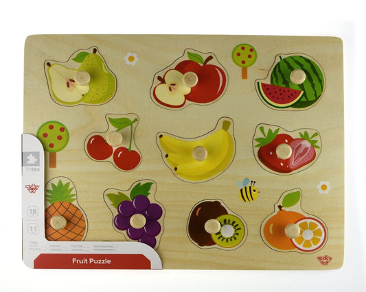 Colorful fruit-themed peg puzzle for kids, promoting hand-eye coordination and fine motor skills.