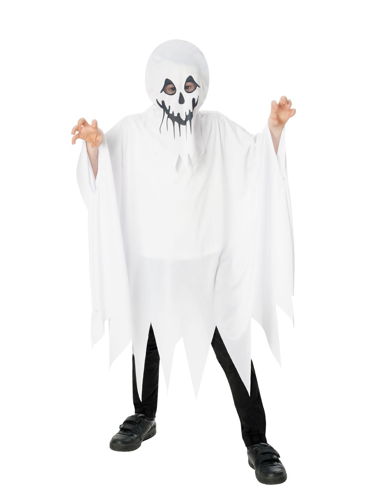 Kids Halloween ghost poncho costume with hood, perfect for spooky fun at home.