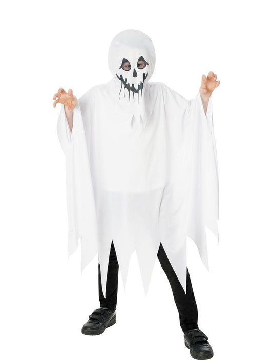 Kids Halloween ghost poncho costume with hood, perfect for spooky fun at home.