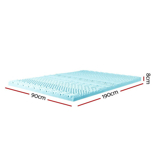 Memory foam mattress topper with 11-zone support, 8cm thick, ideal for single childrens beds.