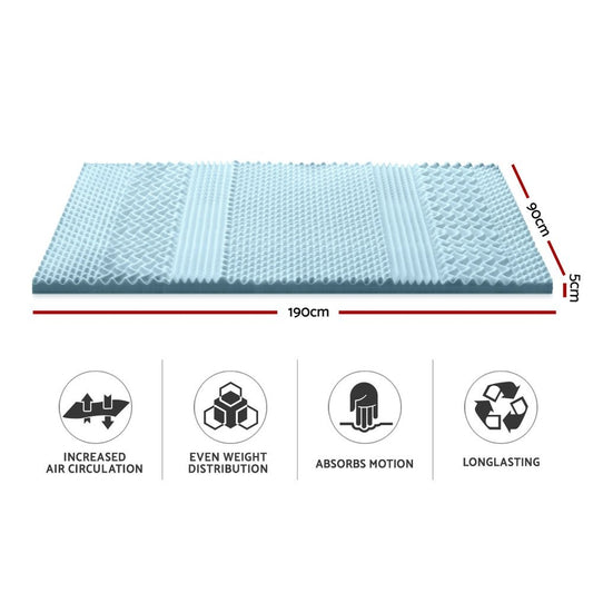 Memory foam mattress topper with 7-zone design, 5cm thickness, ideal for single childrens beds.