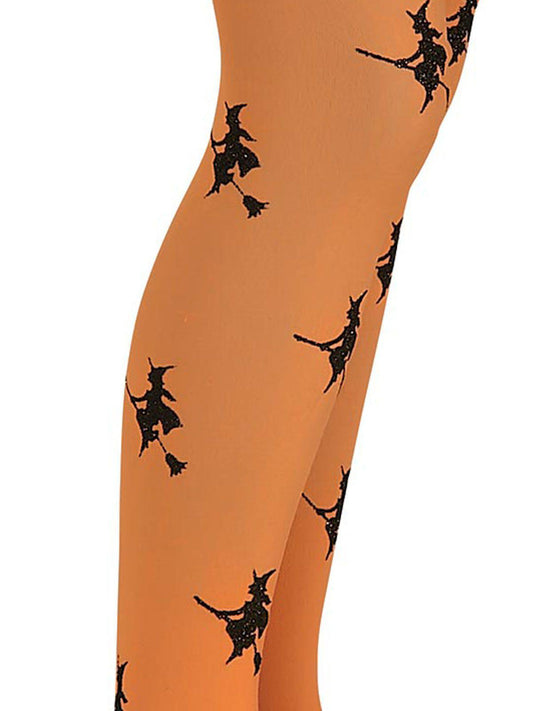 Kids Halloween tights with glittery orange witch print, perfect for spooky holiday fun.