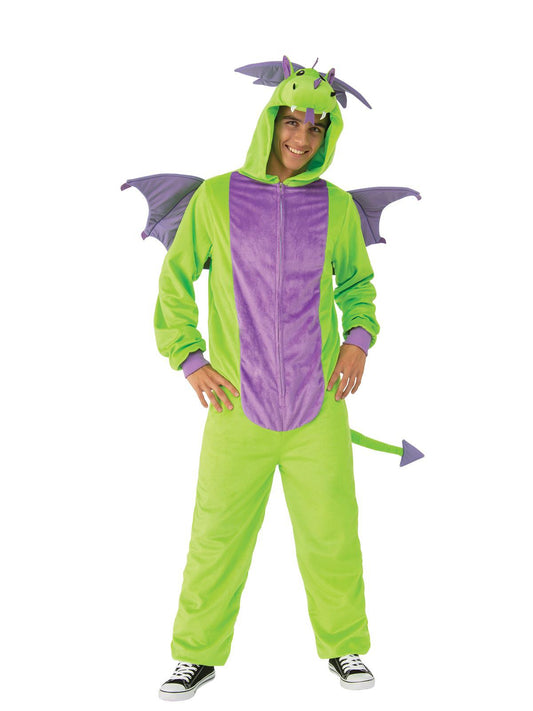 Green dragon costume for adults, featuring furry jumpsuit and wings, perfect for home dress-up.