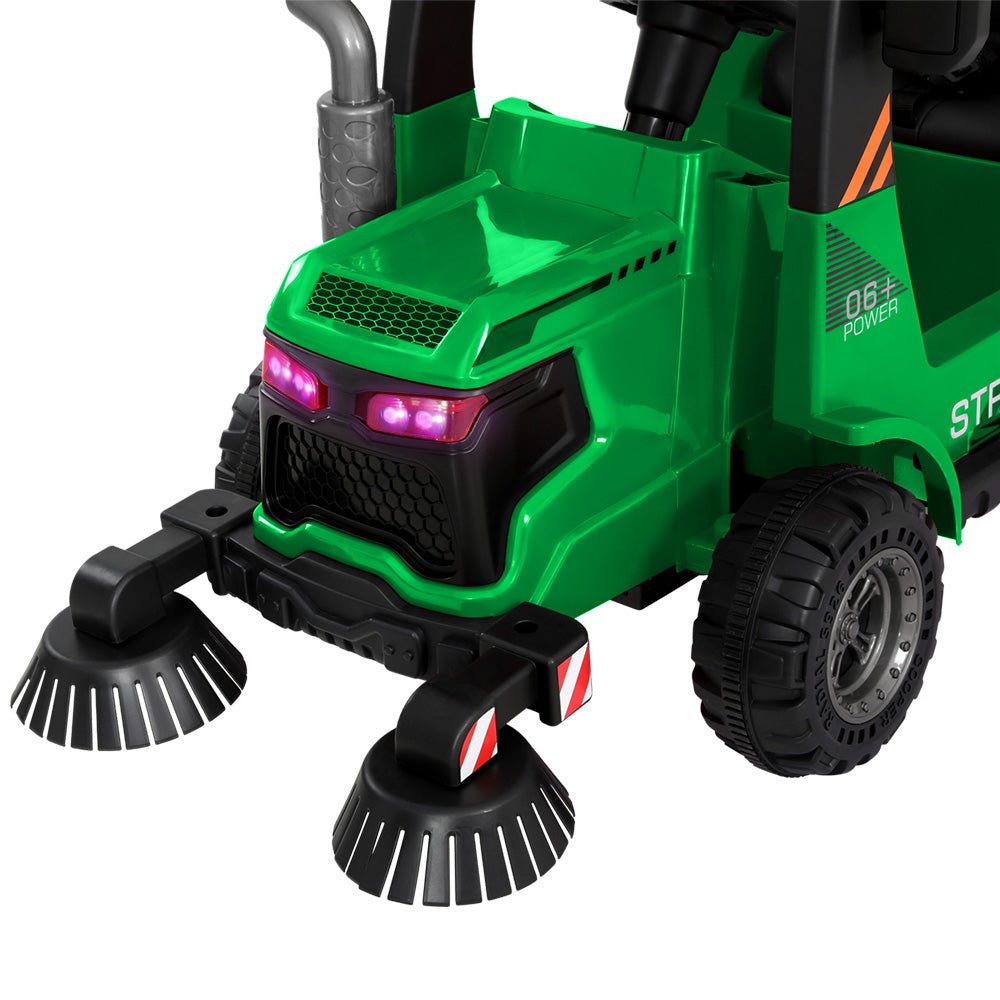 green sweeper truck rotating brushes
