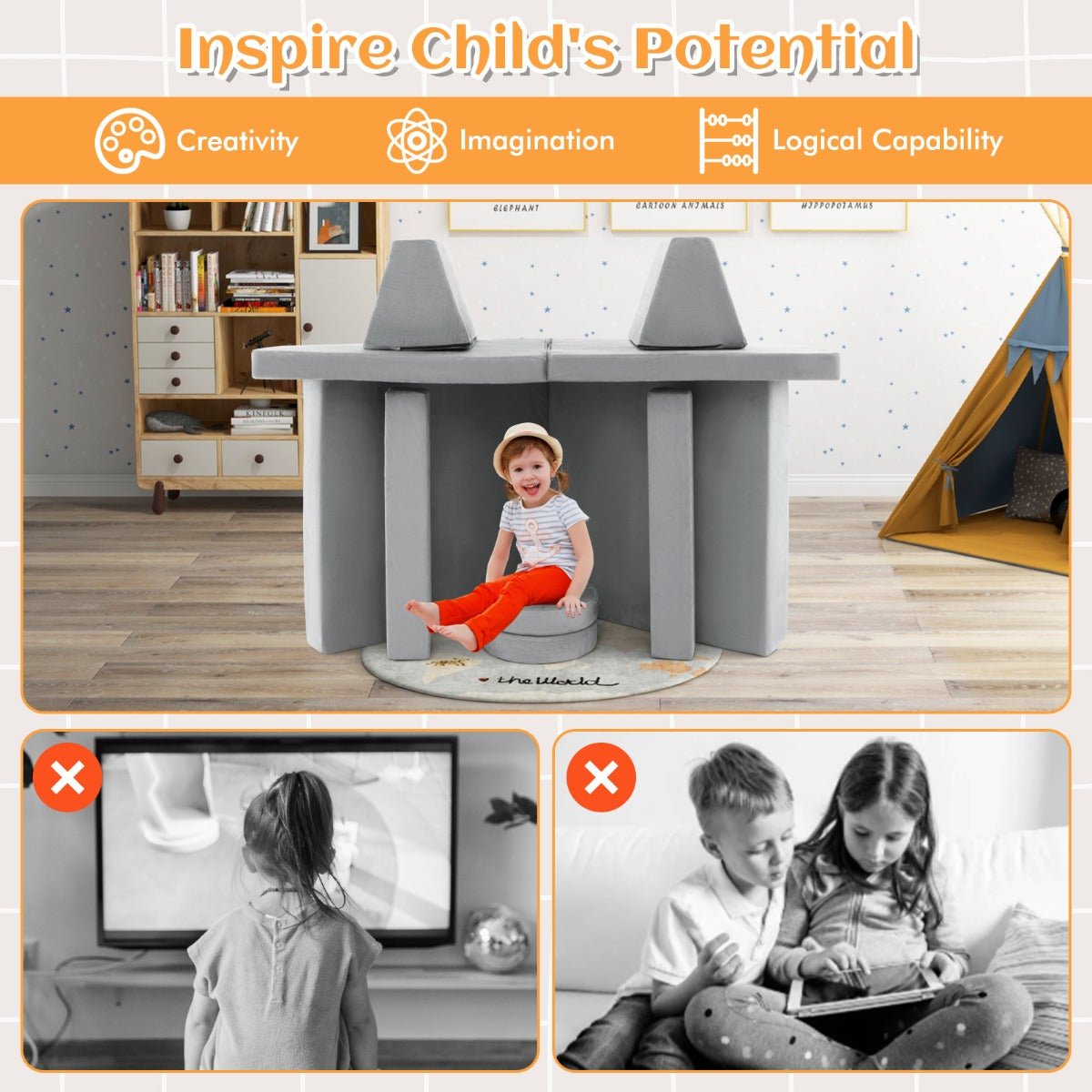 Grey modular kids sofa set for playtime fun, converts into versatile seating for children. Grey modular kids sofa set for playtime fun, converts into versatile seating for children.