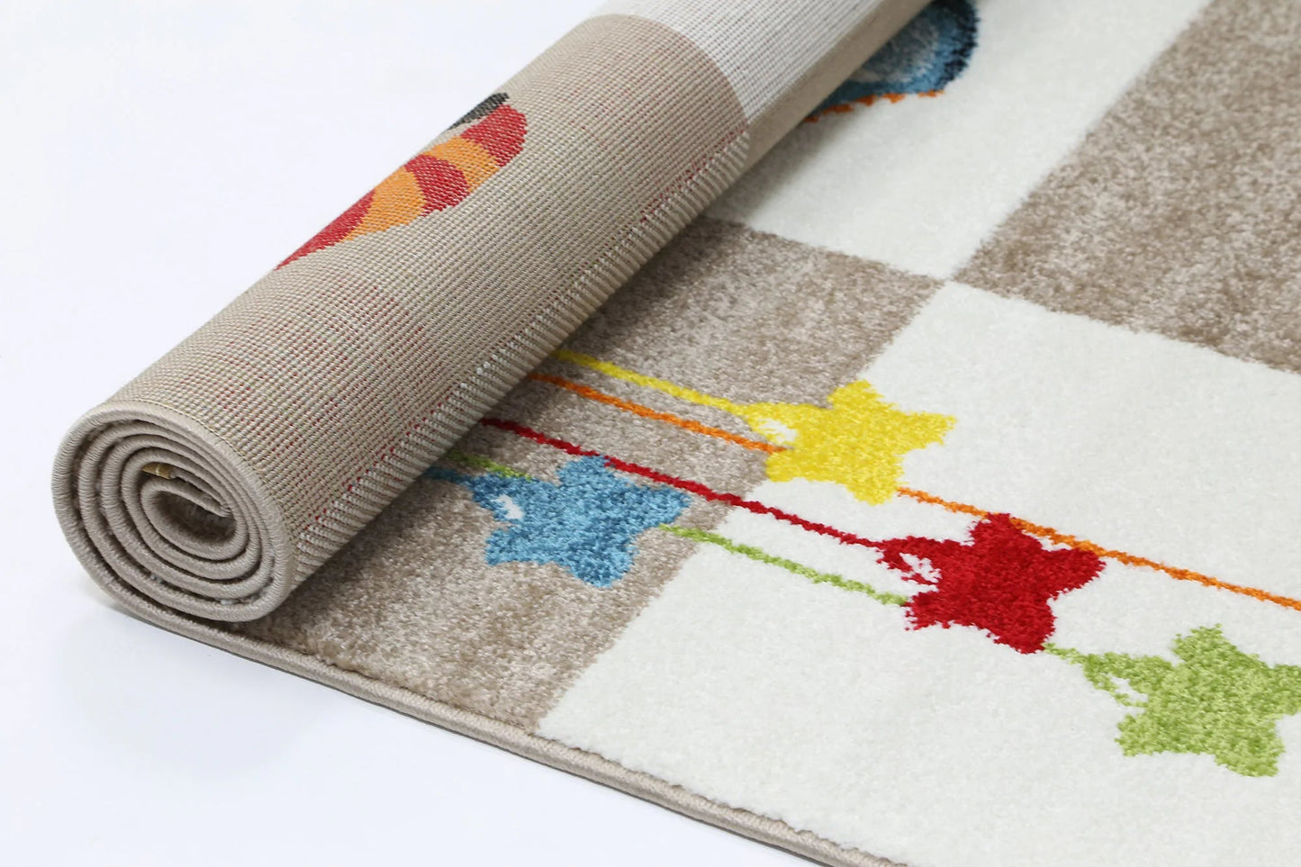 Soft grey kids rug with smiling hand motifs, perfect for playful home decor.