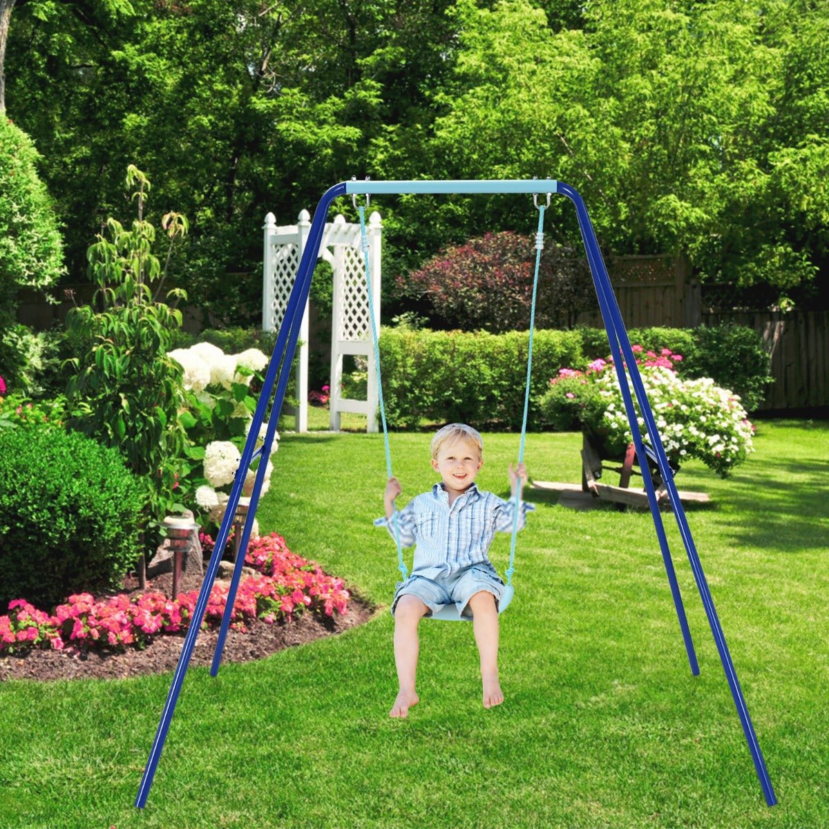 Metal Swing Set with A-Frame Design: Sturdy and Playful in Blue