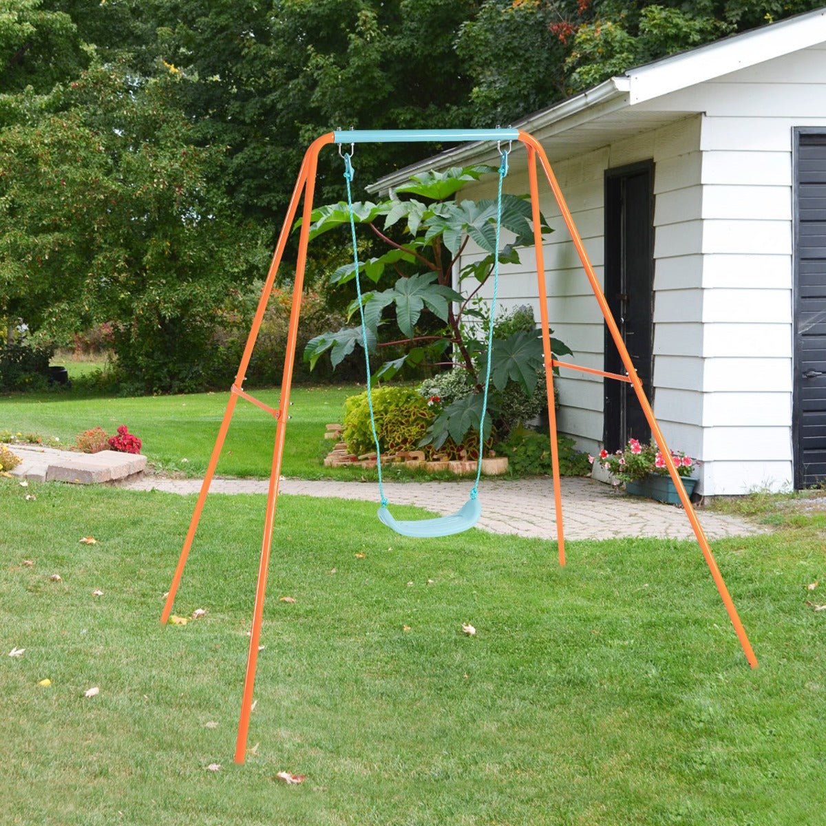 Orange Metal Swing Set: A-Frame Stability for Outdoor Fun