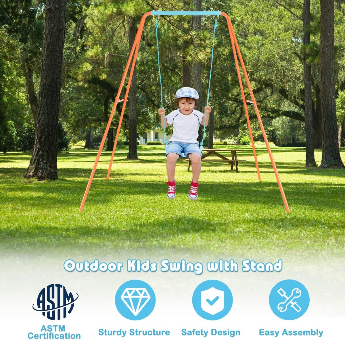 Metal Swing Set with A-Frame Design: Sturdy and Playful in Orange