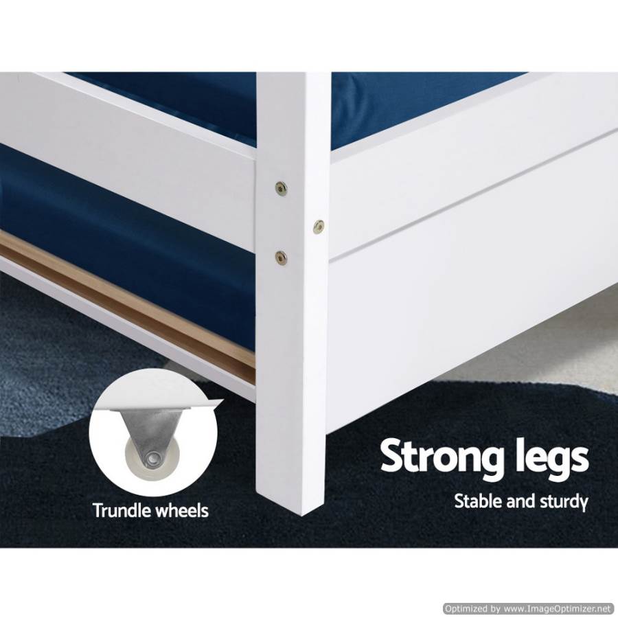 White single-size kids house bed with trundle drawer, perfect for fun and functional sleepovers