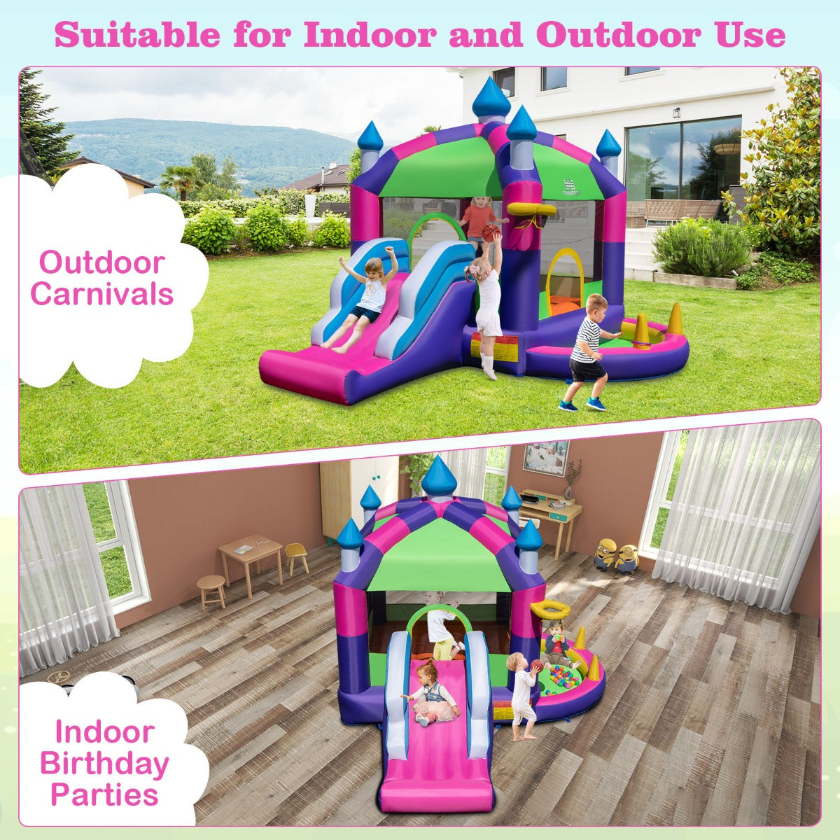 Kids 5 in 1 Inflatable Bounce Castle with Slide and Sun Roof for home fun.