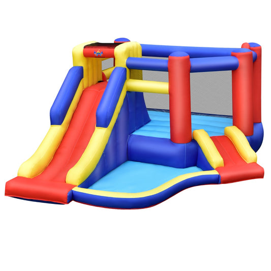Inflatable bouncy castle featuring slides and ball pit for kids active play at home.
