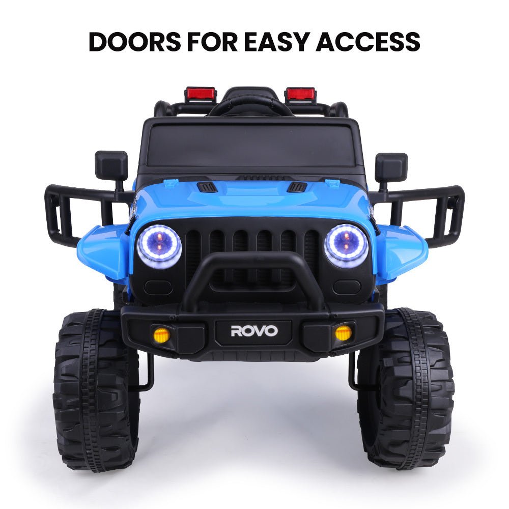 Blue remote-controlled electric toy car modeled after a Jeep for childrens home entertainment.