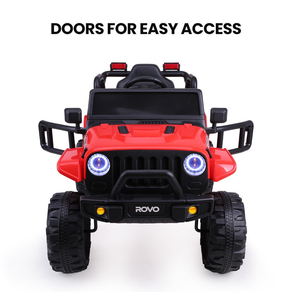 Red electric ride-on Jeep toy car with remote control, ideal for kids imaginative play.