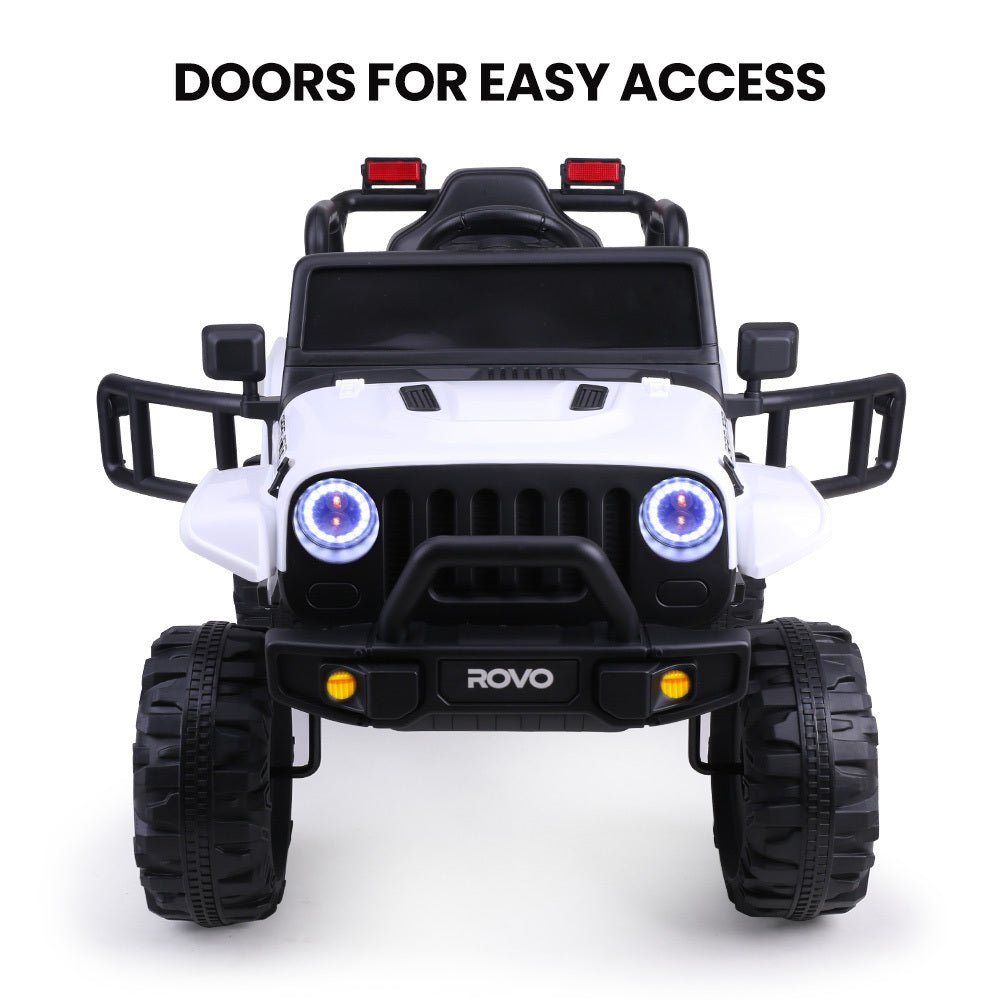 White Jeep-inspired ride-on toy car with remote for childrens imaginative play at home.