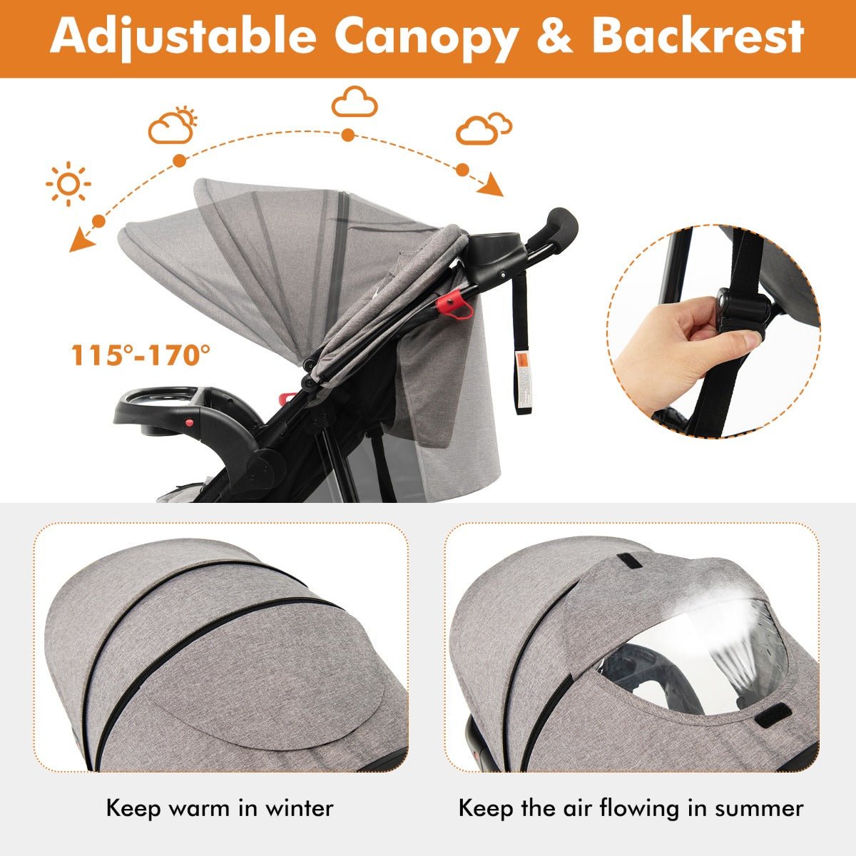 Sleek Grey Jogging Stroller - Canopy and Backrest - Outdoor Adventures
